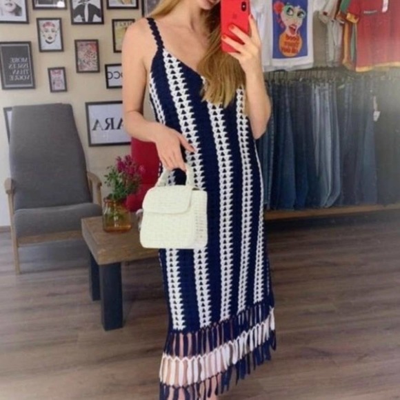 Zara Blue and White Fringe Midi Dress - Picture 5 of 14